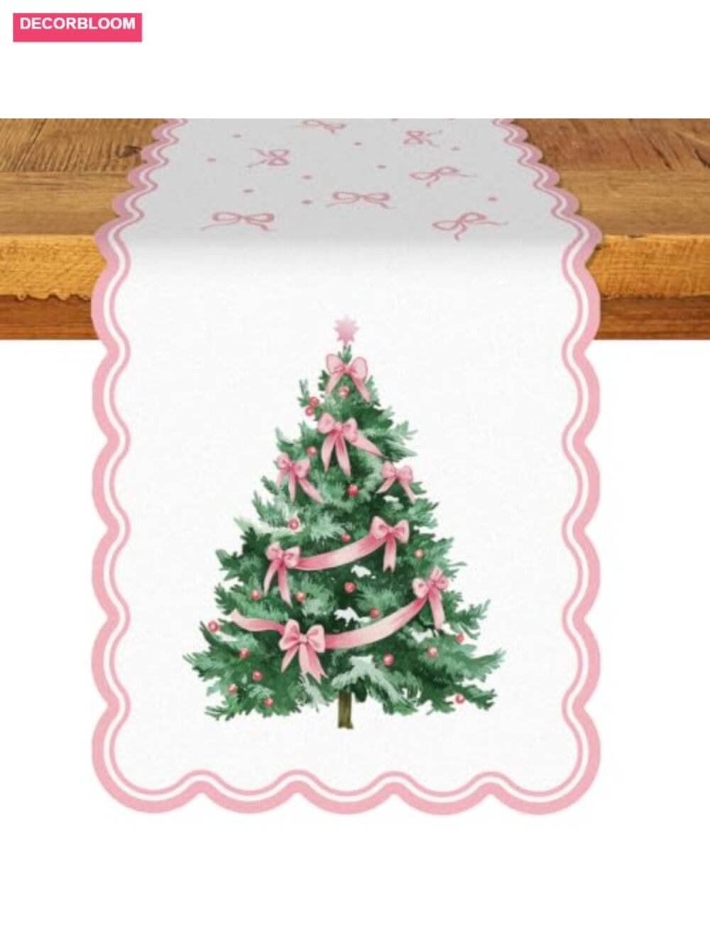 Scalloped Edge Table Runner 13x72 Inch Polyester Bow Tree Holiday Decor